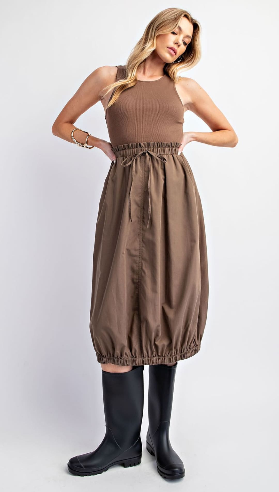 Mixed Media Bubble Dress - S / Brown - 180 Dresses