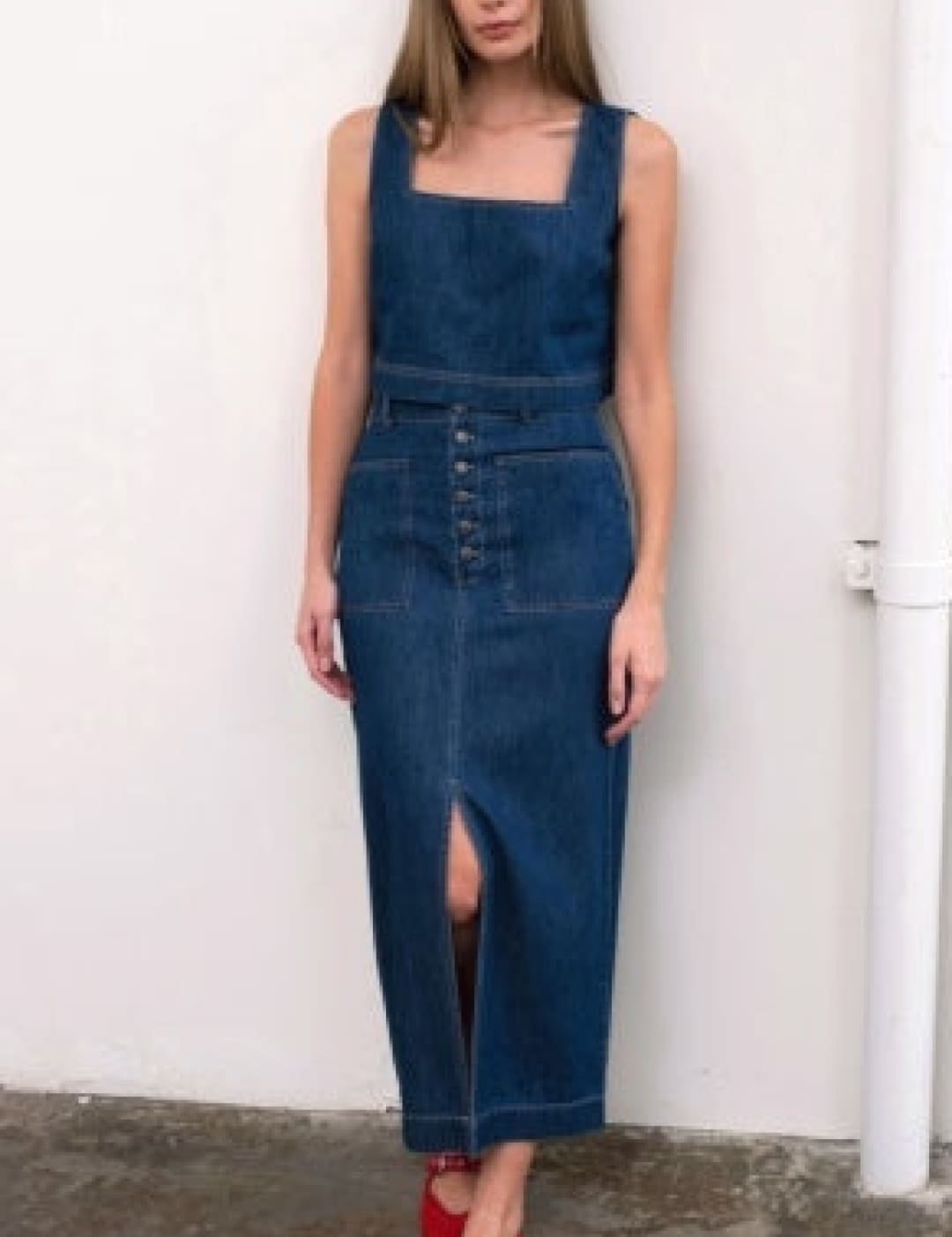 Denim midi dress with front slit.