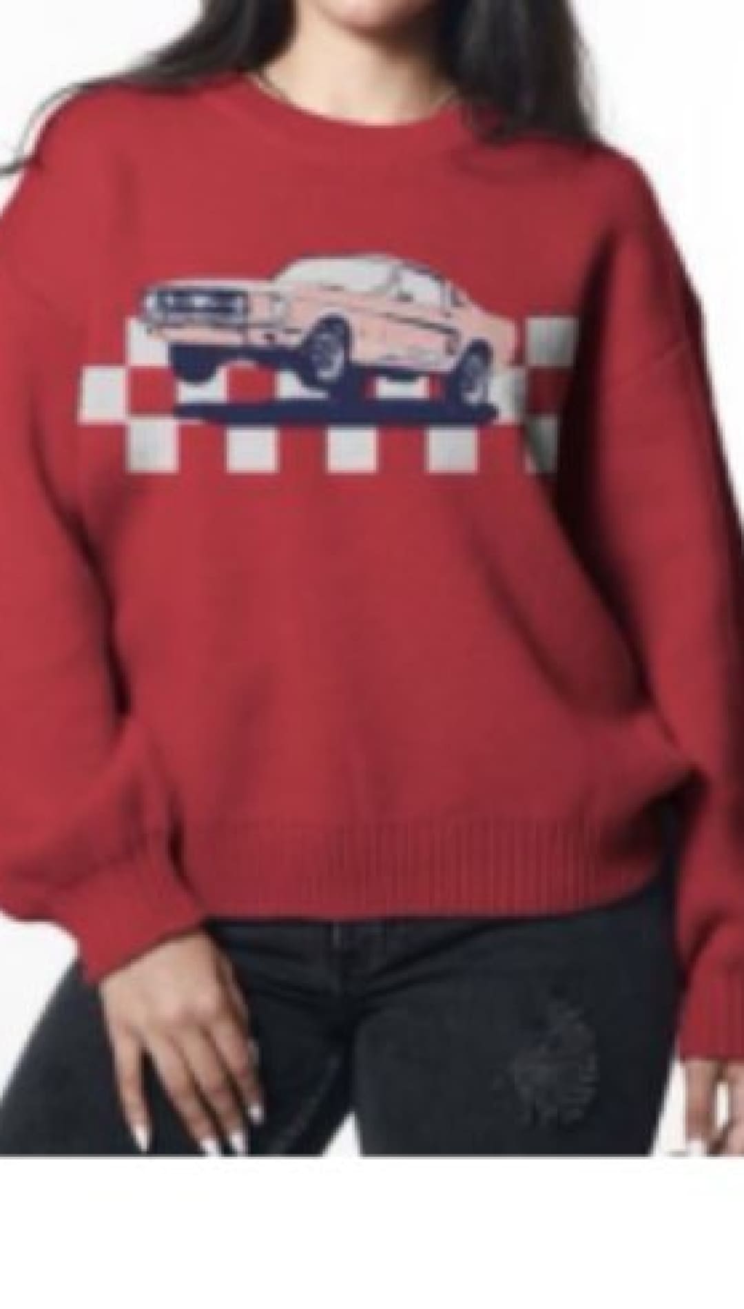 Red crewneck sweatshirt with a classic car design over a checkered pattern.