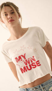 White cropped t-shirt with red ’my own muse’ graphic and star outlines