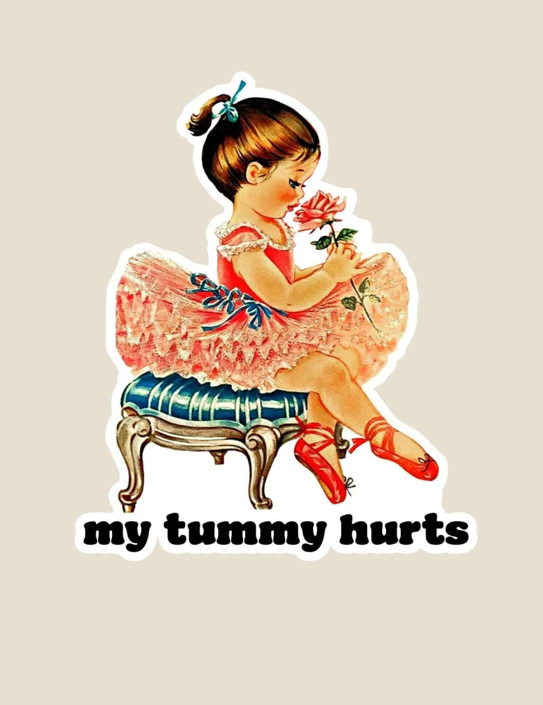 Vintage ballerina sticker with pink tutu and red shoes.