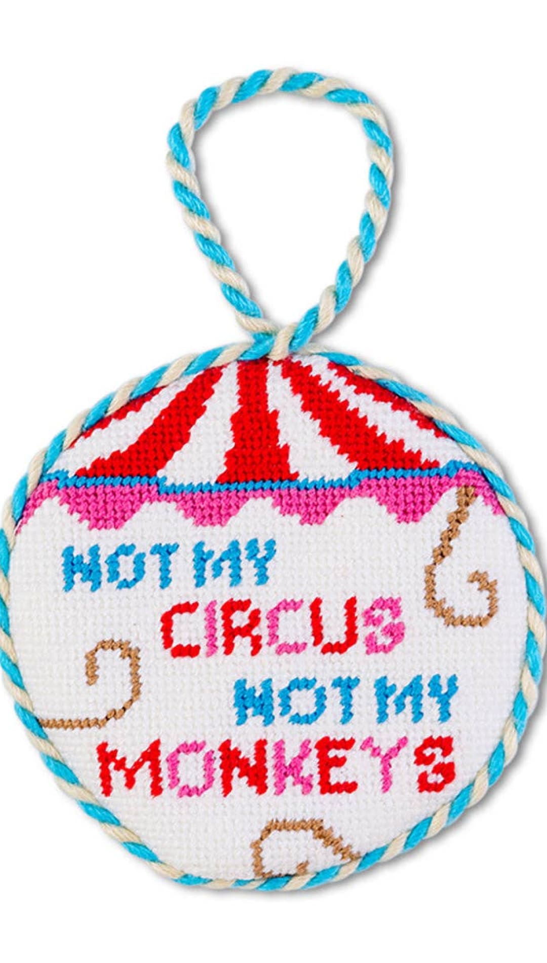 Circus tent ornament with red and white stripes, blue rope hanger, needlepoint design.