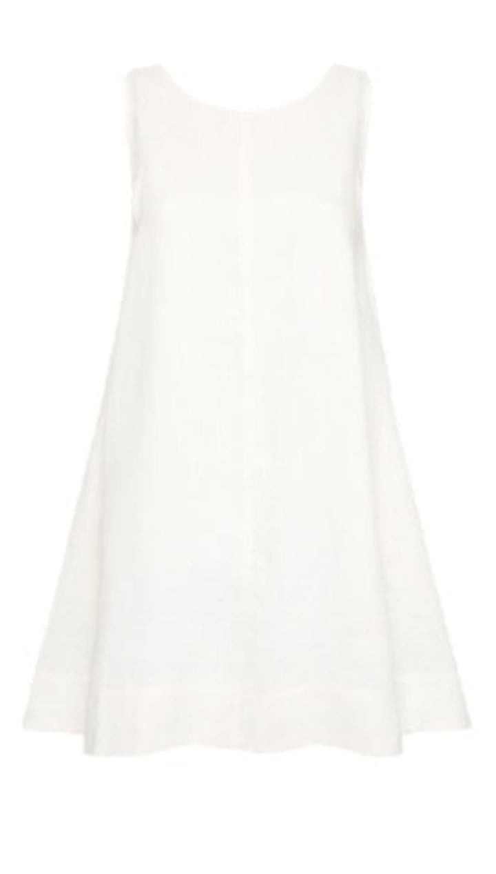 Sleeveless white dress.