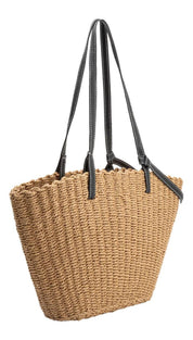 Beige woven straw tote bag with black leather straps.