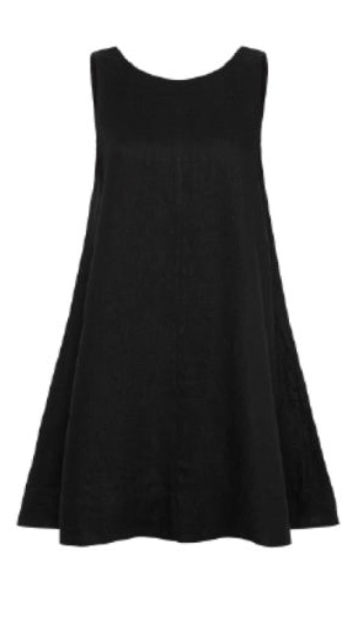 Sleeveless black swing dress.