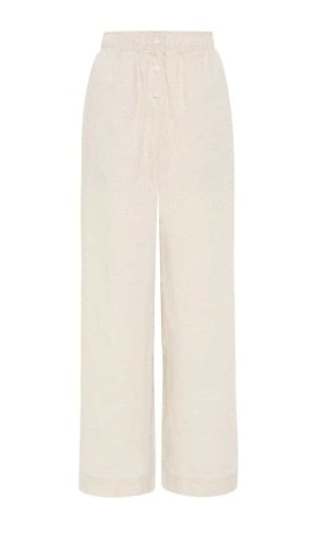 Cream-colored wide-leg pants.