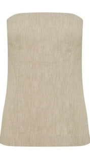 Beige textured strapless top with a subtle woven pattern.