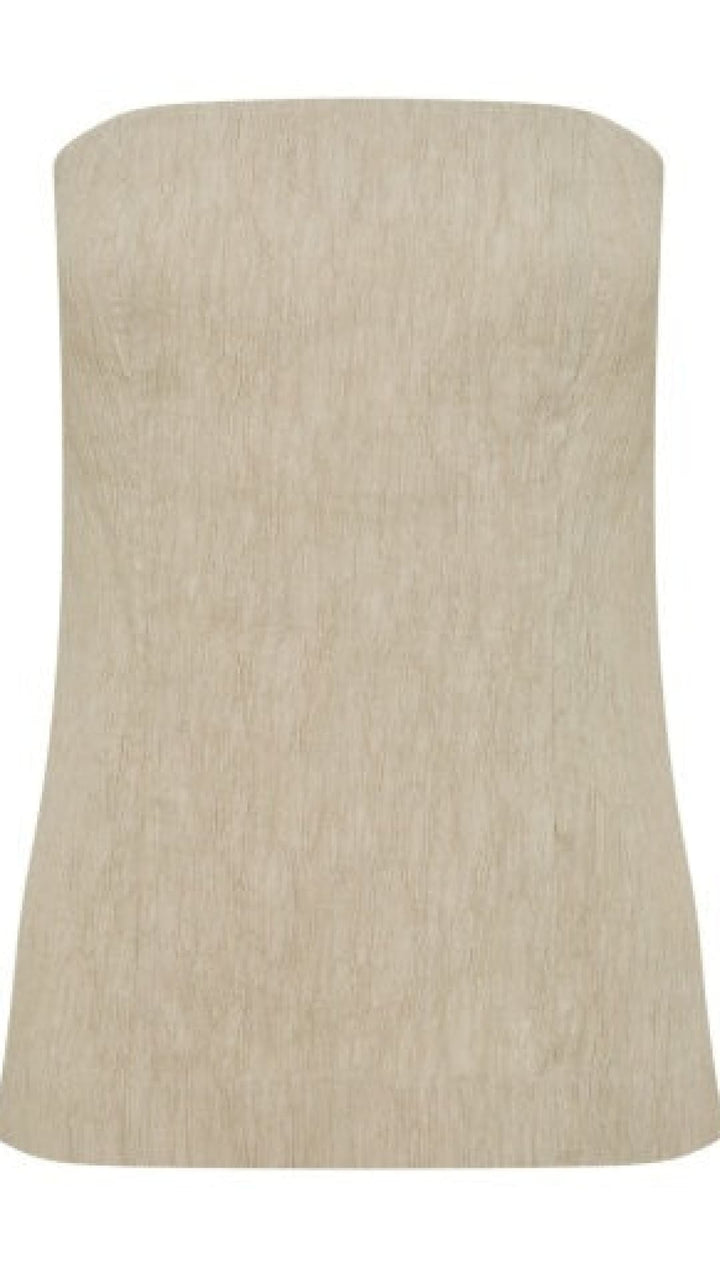 Beige textured strapless top with a subtle woven pattern.