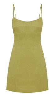 A sleek olive green spaghetti strap mini dress with a fitted silhouette and subtle seam detailing.