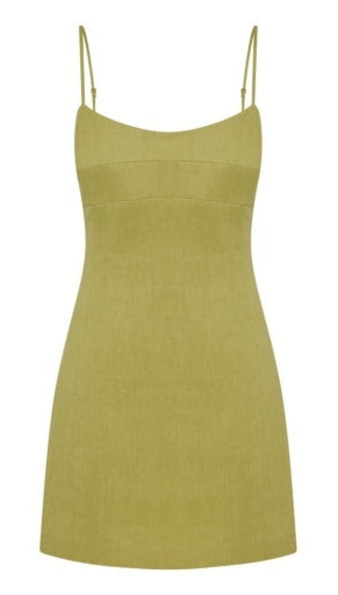 A sleek olive green spaghetti strap mini dress with a fitted silhouette and subtle seam detailing.