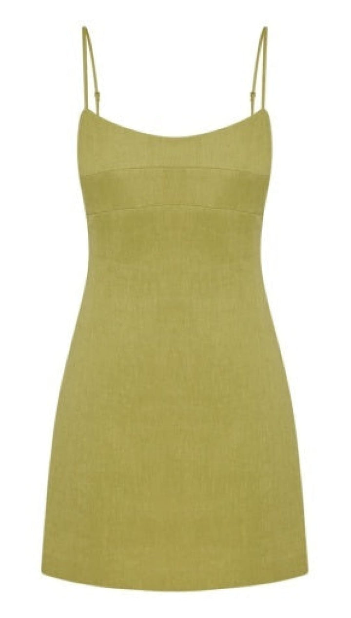 A sleek olive green spaghetti strap mini dress with a fitted silhouette and subtle seam detailing.