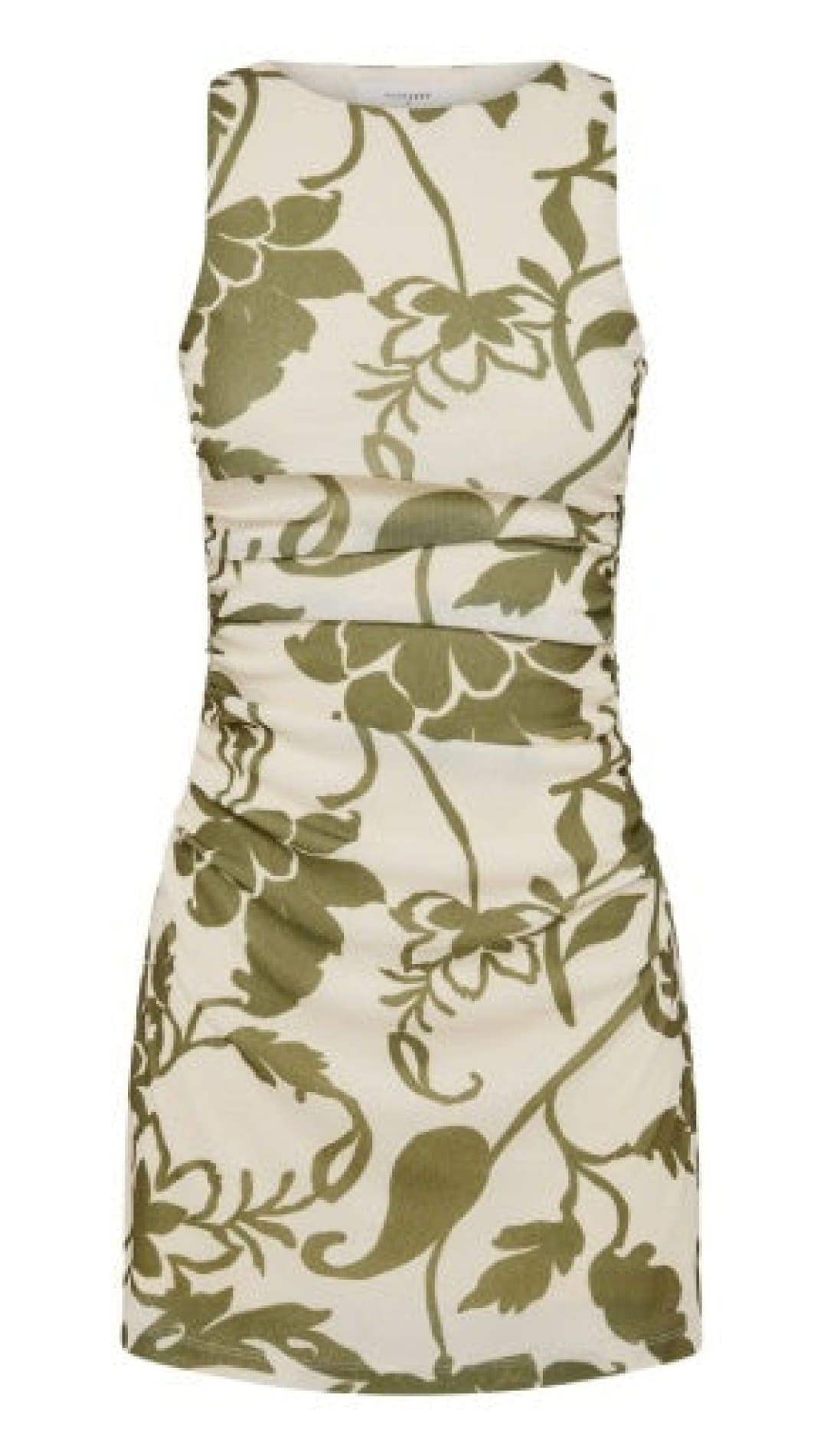 A sleeveless, form-fitting dress in cream with an olive green floral pattern.