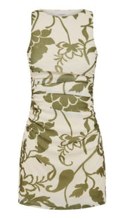 A sleeveless, form-fitting dress in cream with an olive green floral pattern.