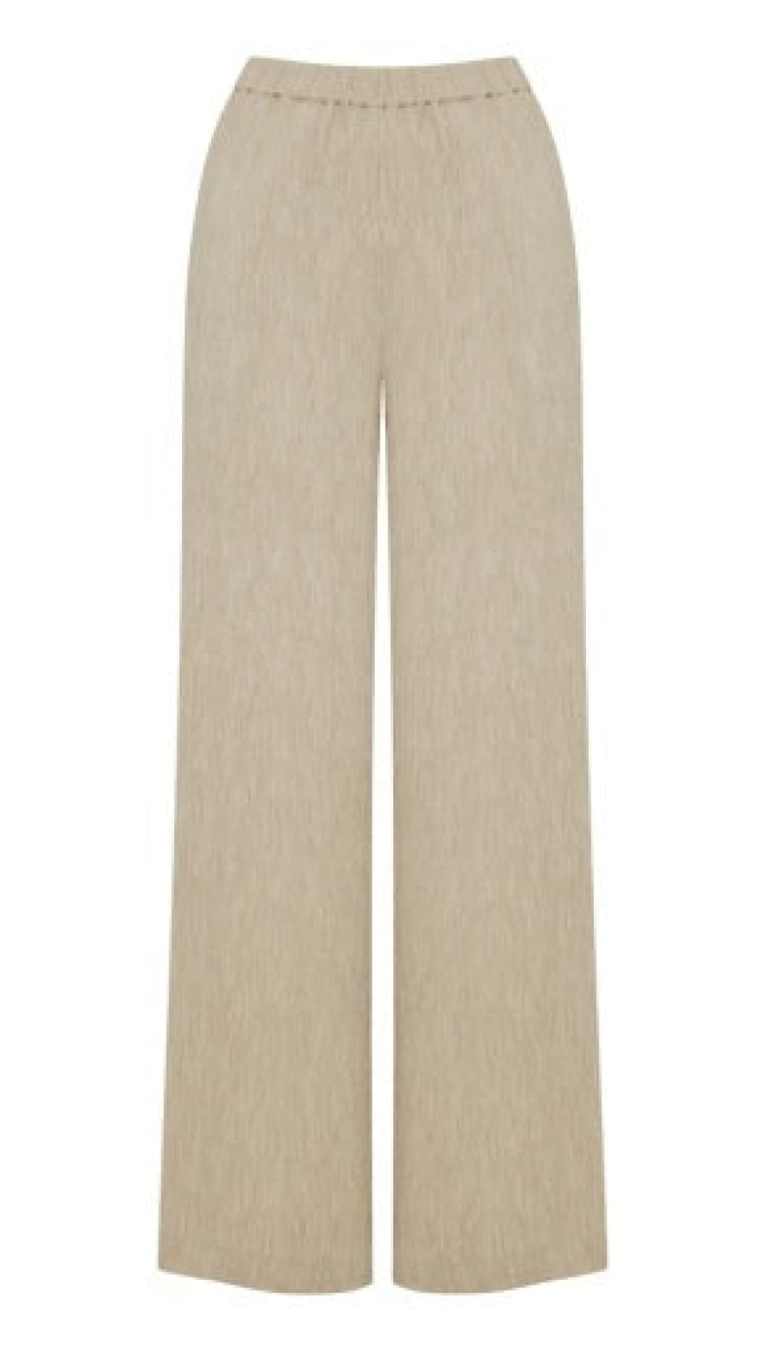 Beige wide-leg trousers with a subtle textured fabric and an elastic waistband.