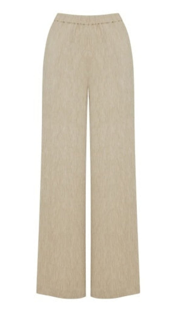 Beige wide-leg trousers with a subtle textured fabric and an elastic waistband.