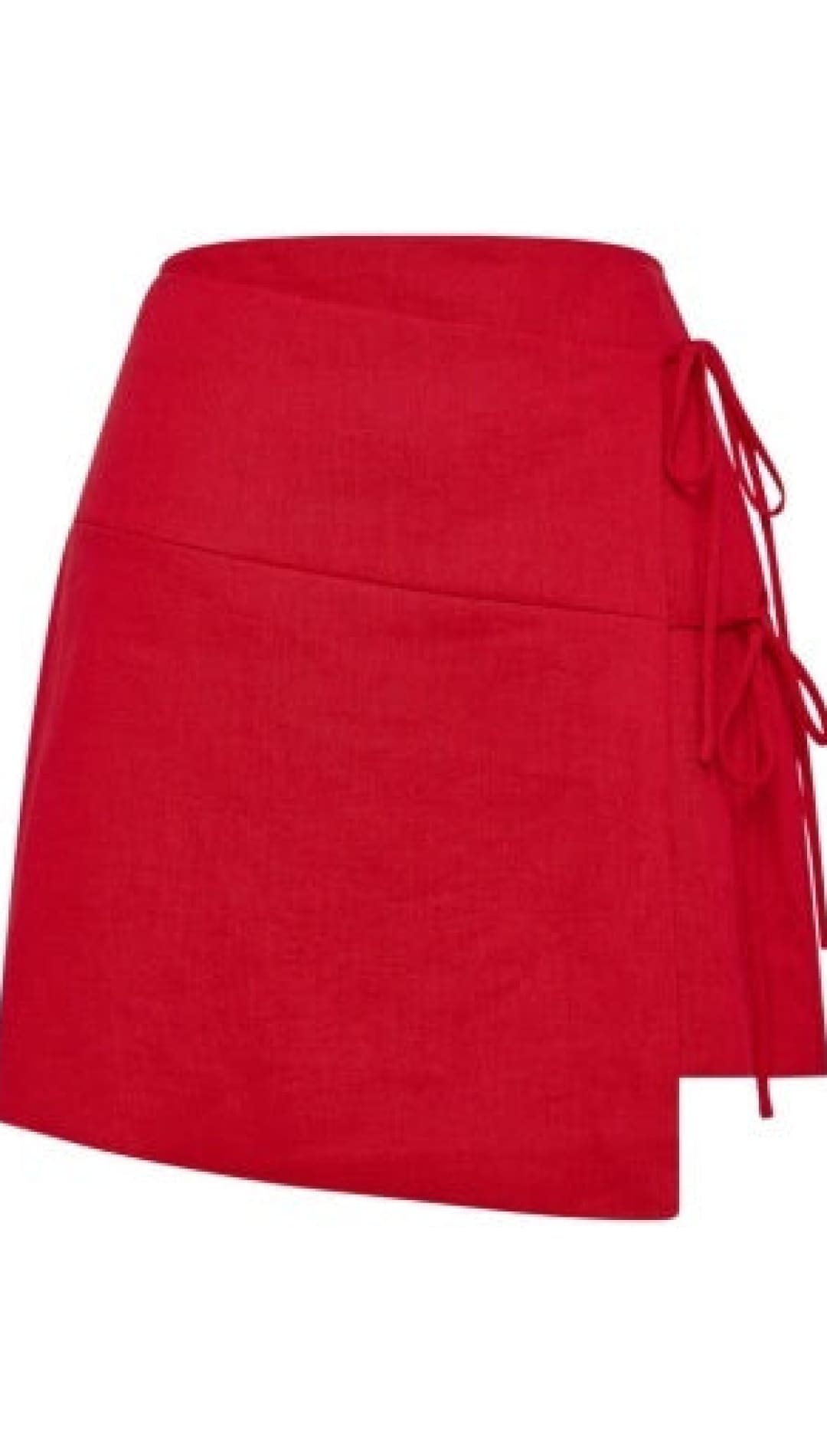 A vibrant red, high-waisted mini skirt with a side slit and matching fabric ties at the waist.