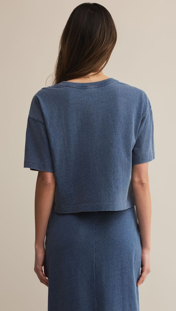 Blue knit crop top and skirt set.