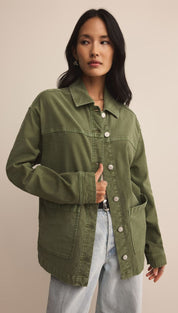 Olive green button-up jacket with four front pockets.