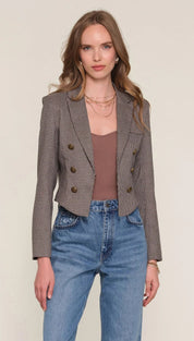 Brown and black checkered blazer with double-breasted design, made of wool.