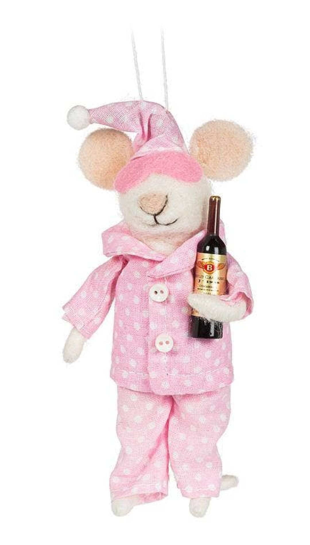 Pink polka dot plush mouse with wine bottle, wearing matching pajamas and hat.