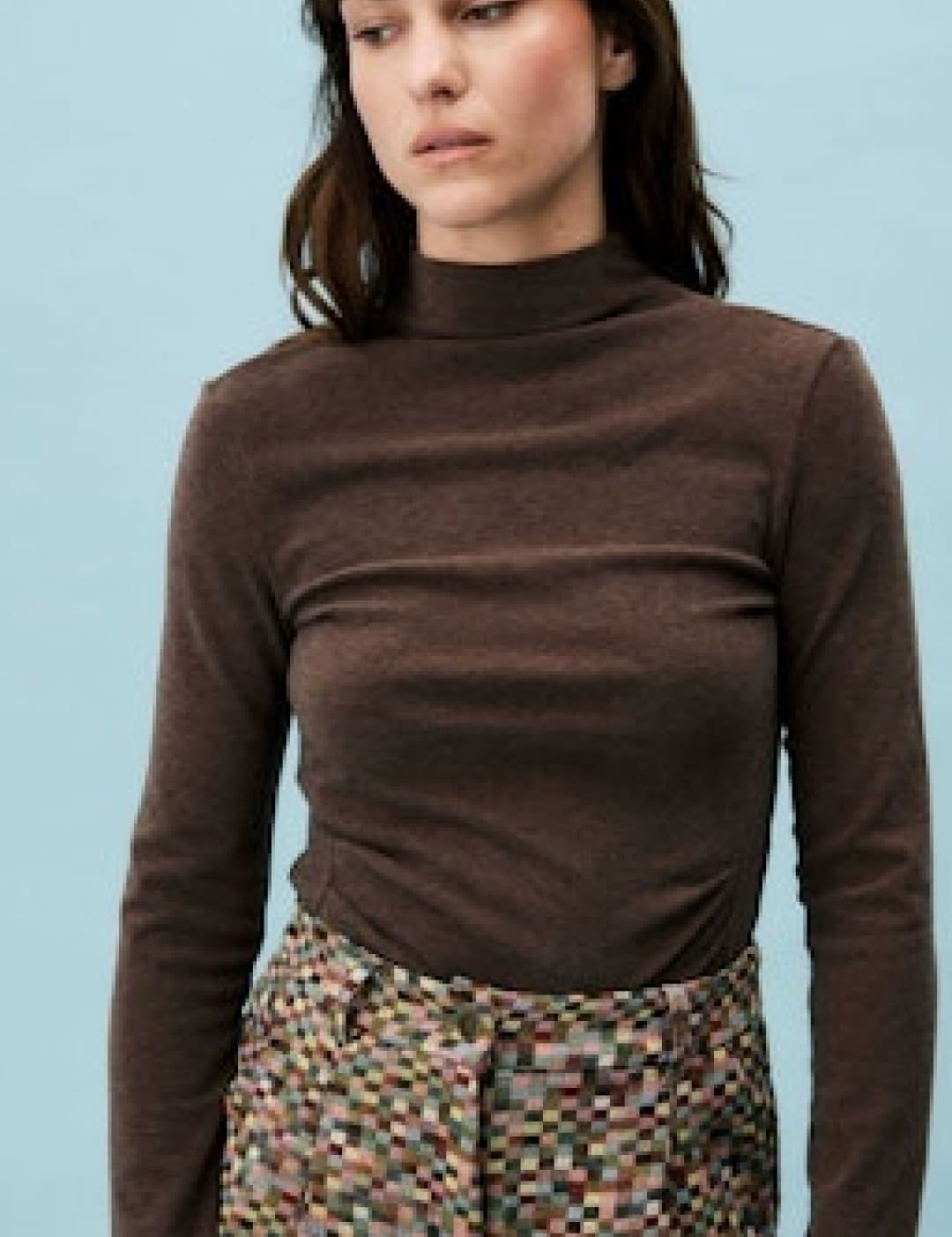 Brown high-neck long-sleeve top