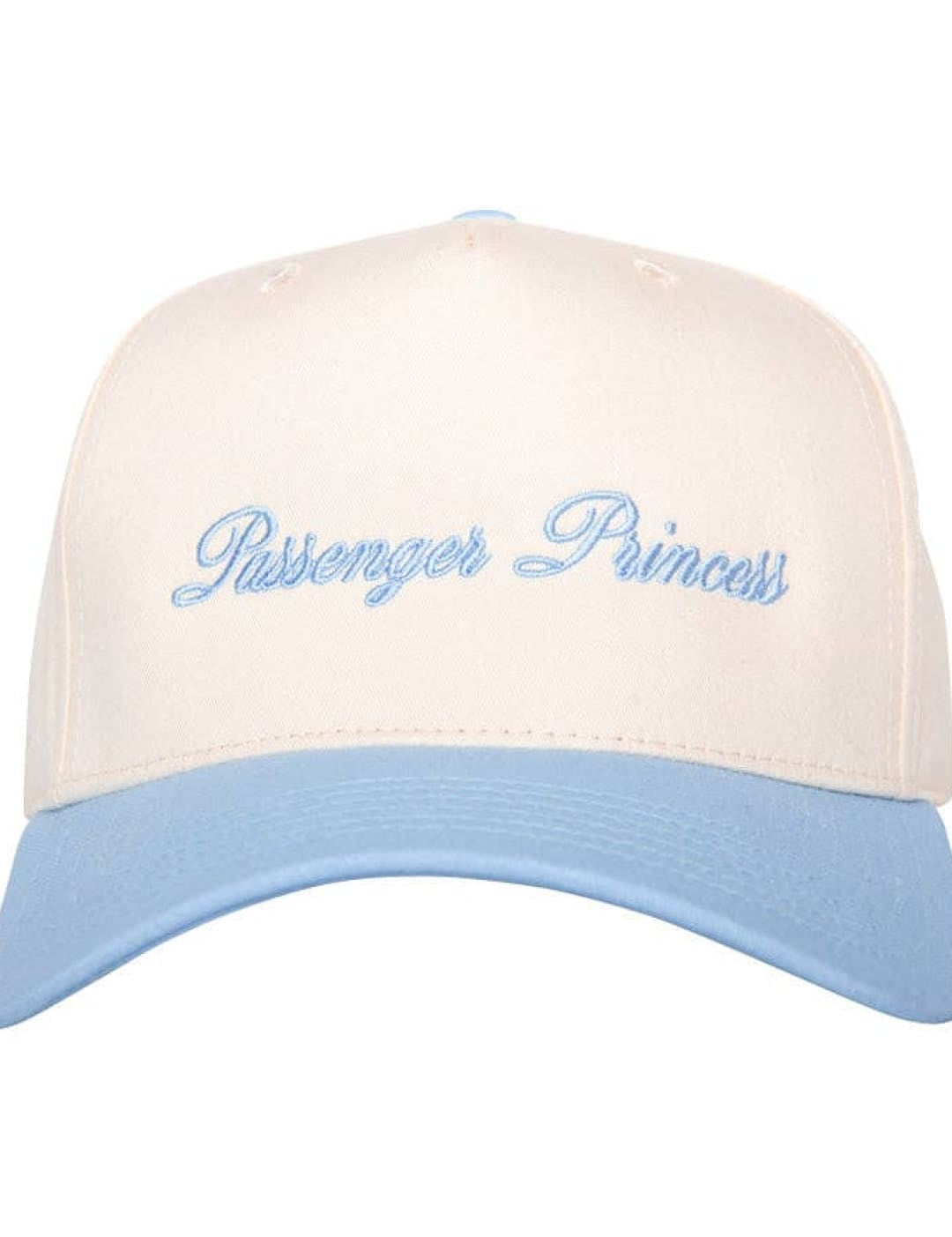 Cream and light blue baseball cap with ’passenger princess’ text in cursive.