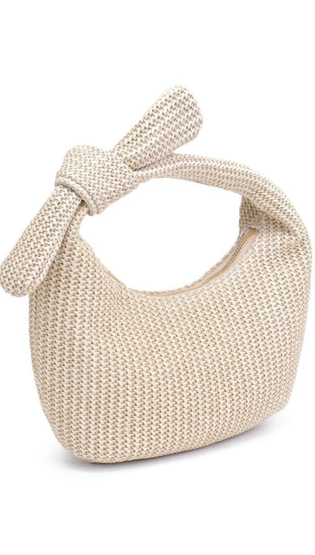 Beige woven handbag with knotted handle.