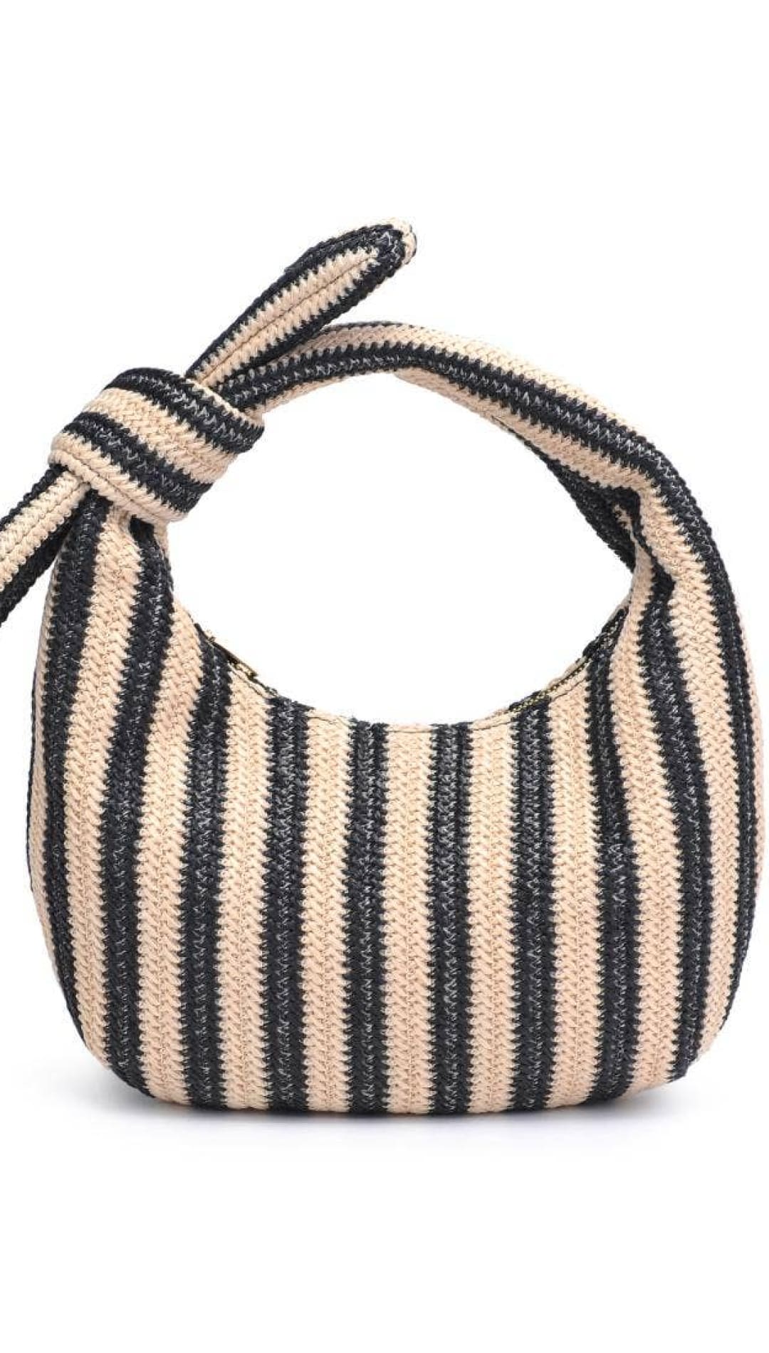 Striped woven handbag with knotted handle.