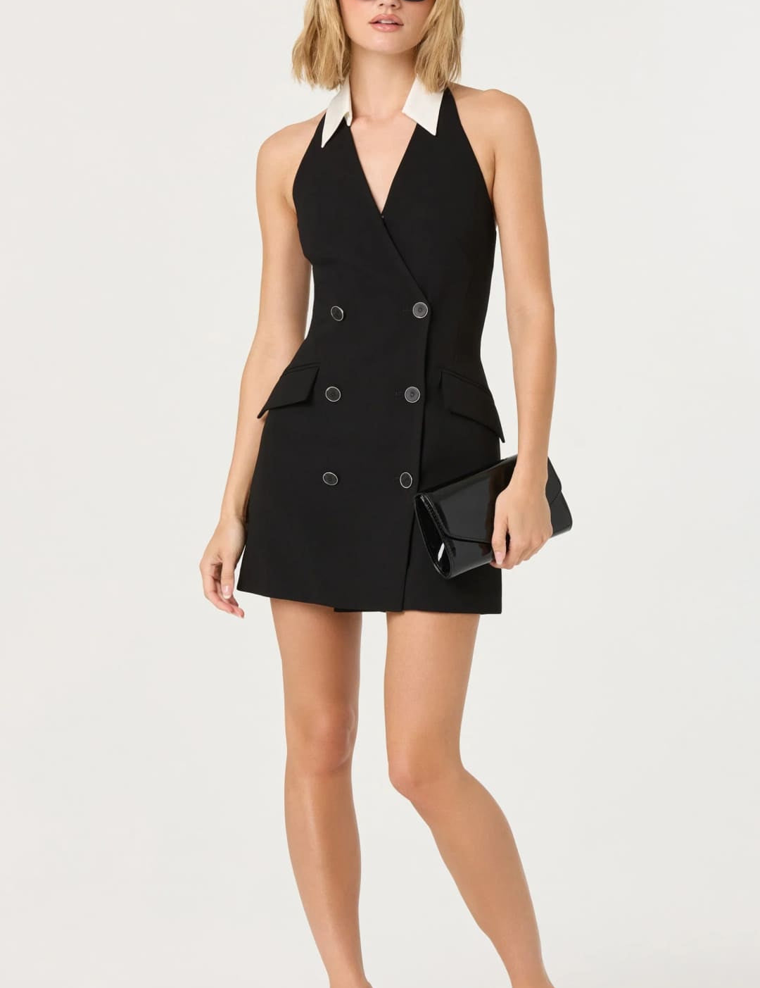 Black sleeveless double-breasted mini dress with white collar and flap pockets