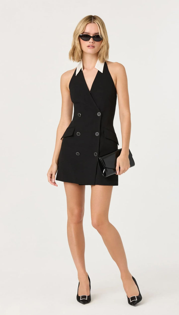 Black sleeveless double-breasted mini dress with white collar and flap pockets