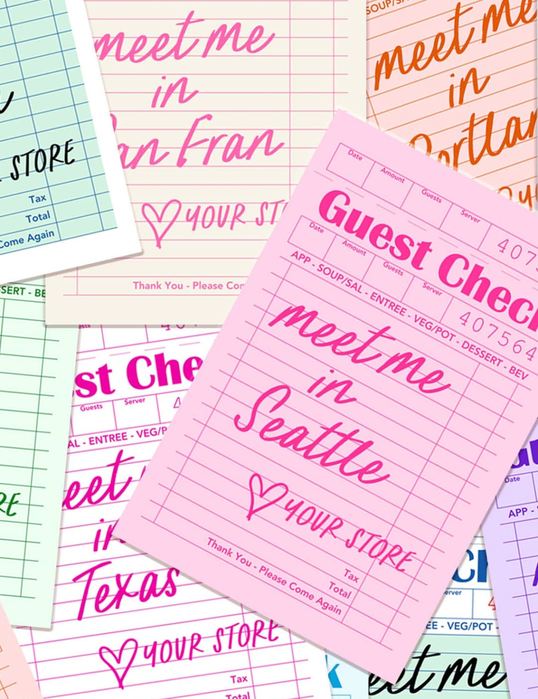 Pink guest check with ’meet me in seattle’ and heart design on white background.