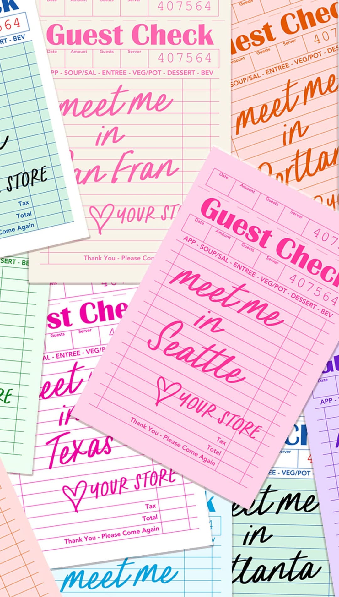 Pink guest check with ’meet me in seattle’ and heart design on white background.