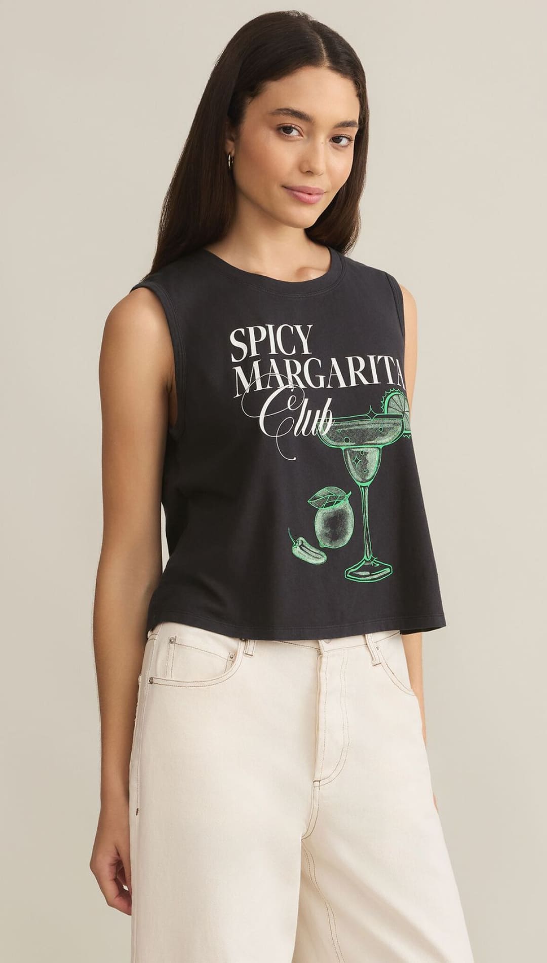 Black tank top with a margarita graphic.