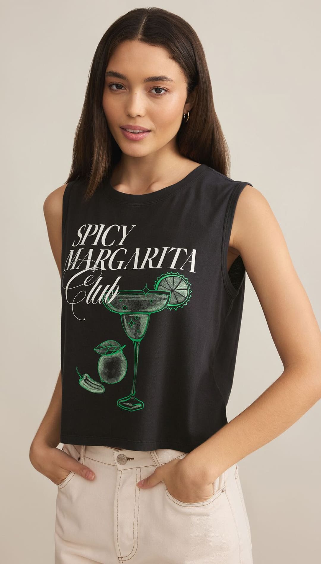 Black tank top with margarita graphic.