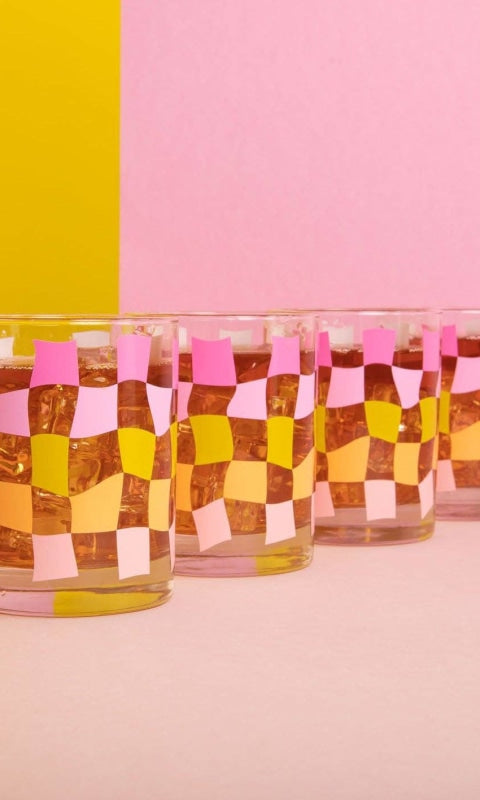 Pink Carnival Checkers Rocks Glass Set - 310 Home/Gift