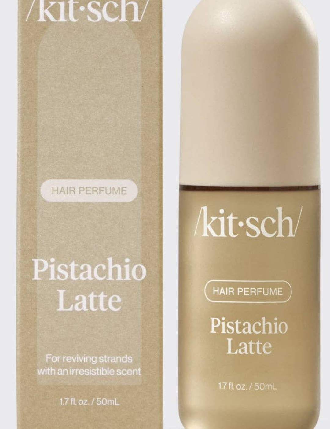 Pistachio latte hair perfume by kitsch in a sleek, gold-colored bottle with white label.