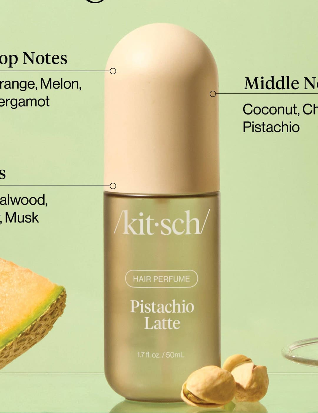 Pistachio latte hair perfume bottle with gold cap and black label.