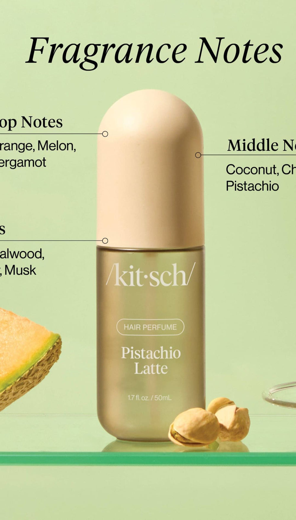 Pistachio latte hair perfume bottle with gold cap and black label.