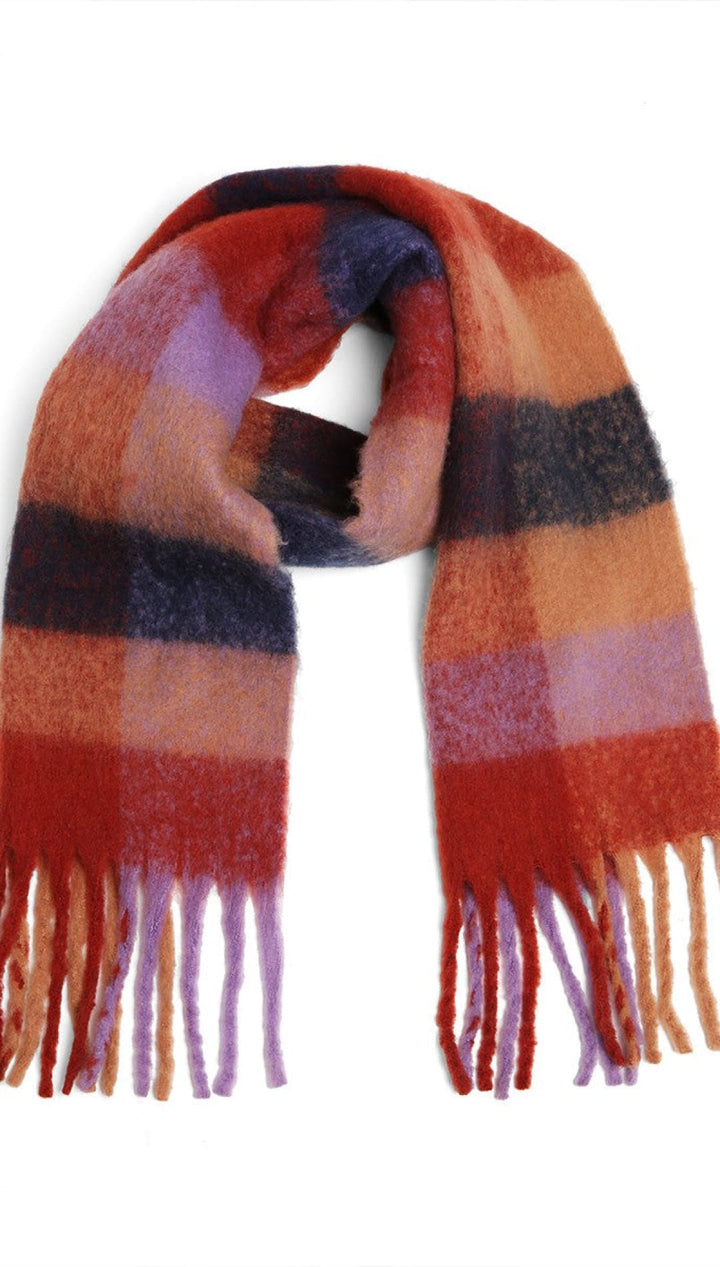 Plaid scarf with fringes, orange and purple stripes on a red background, made of wool.