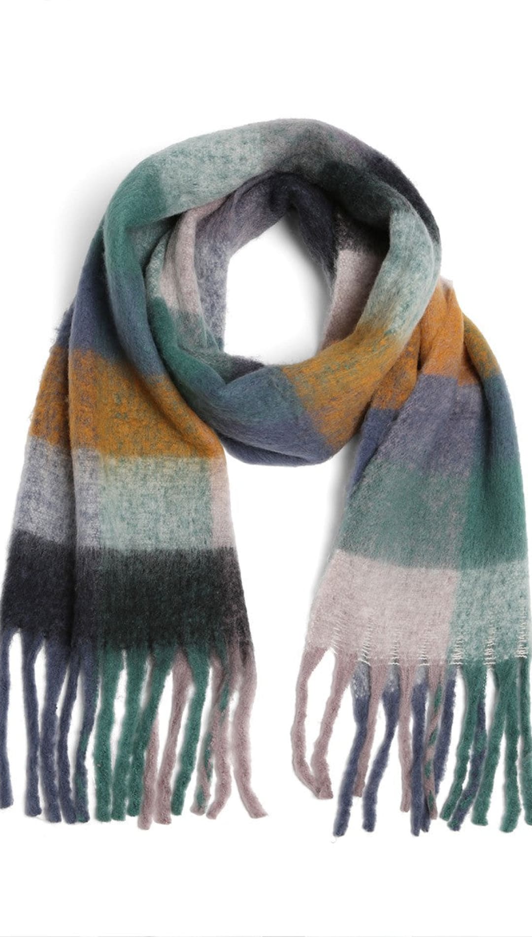 Multicolored striped scarf with fringe, likely made of wool or acrylic.