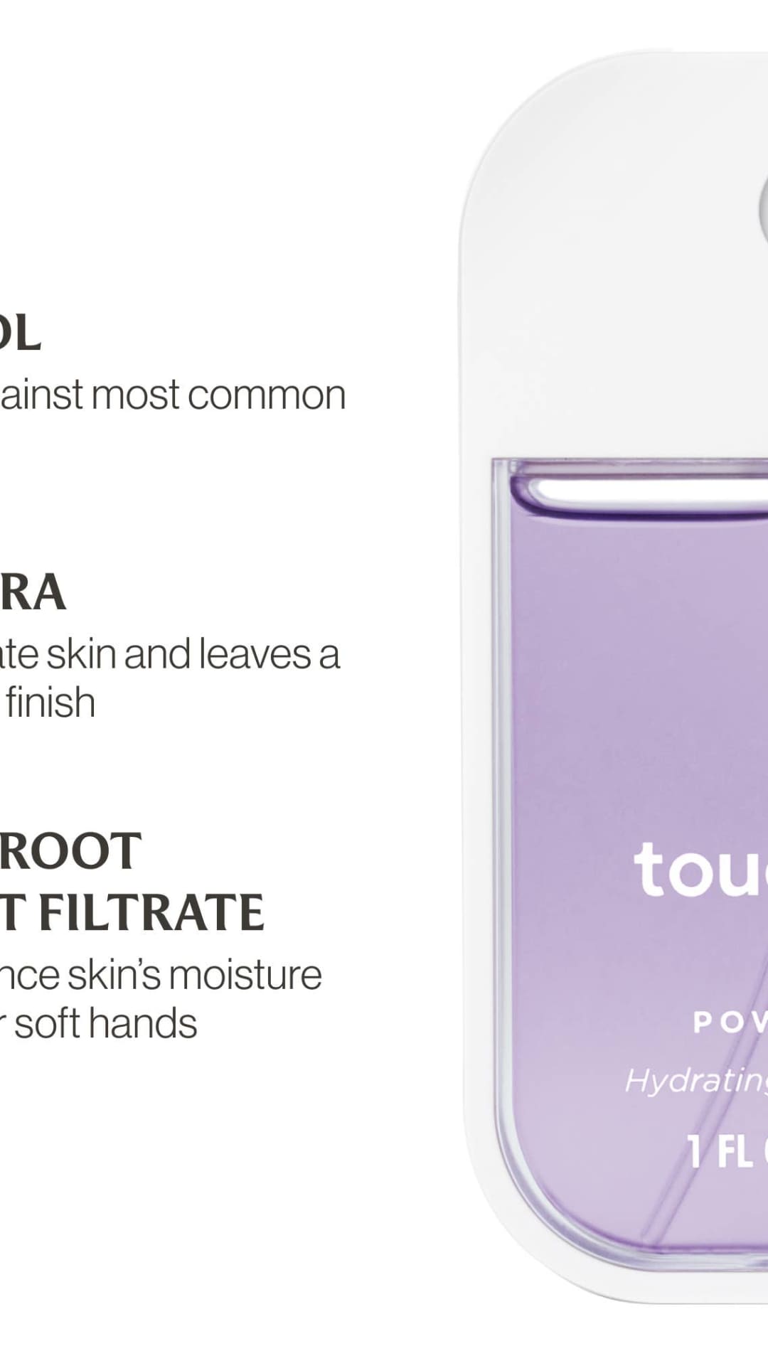 Lavender hand sanitizer mist bottle with clear cap and pump, touchland brand.