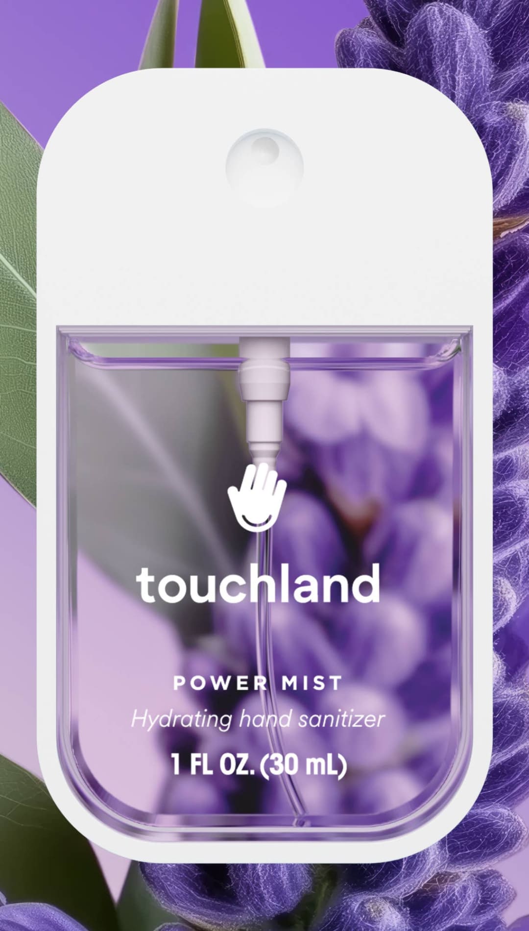Lavender-colored hand sanitizer bottle with a white cap and pump, featuring the touchland brand name.