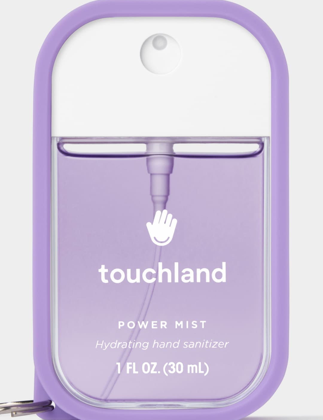 Lavender touchland power mist hydrating hand sanitizer with clear plastic bottle and purple cap.