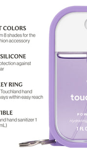 Lavender hydrating hand sanitizer with a metal key ring and rubber silicone case, touchland brand.