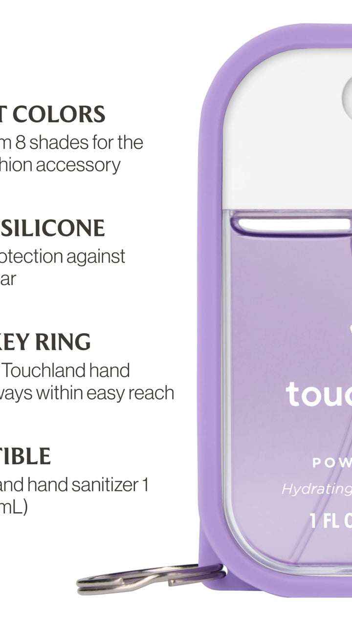 Lavender hydrating hand sanitizer with a metal key ring and rubber silicone case, touchland brand.