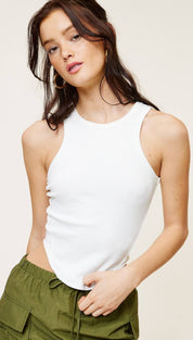 White ribbed tank top with a high neckline and fitted silhouette.