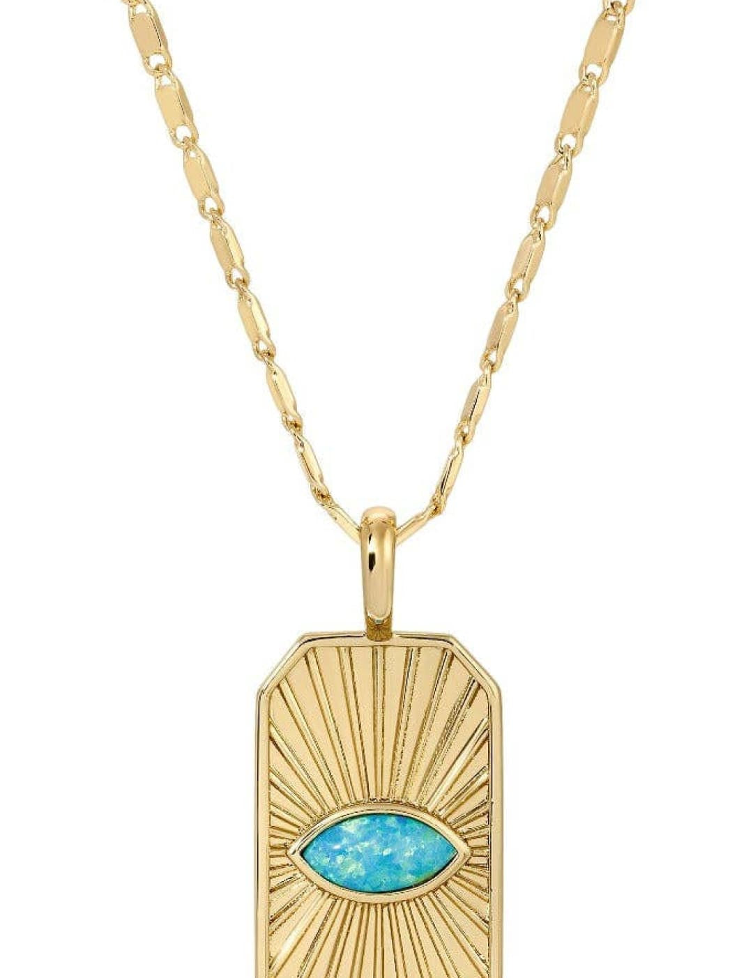 Gold necklace with turquoise eye pendant.