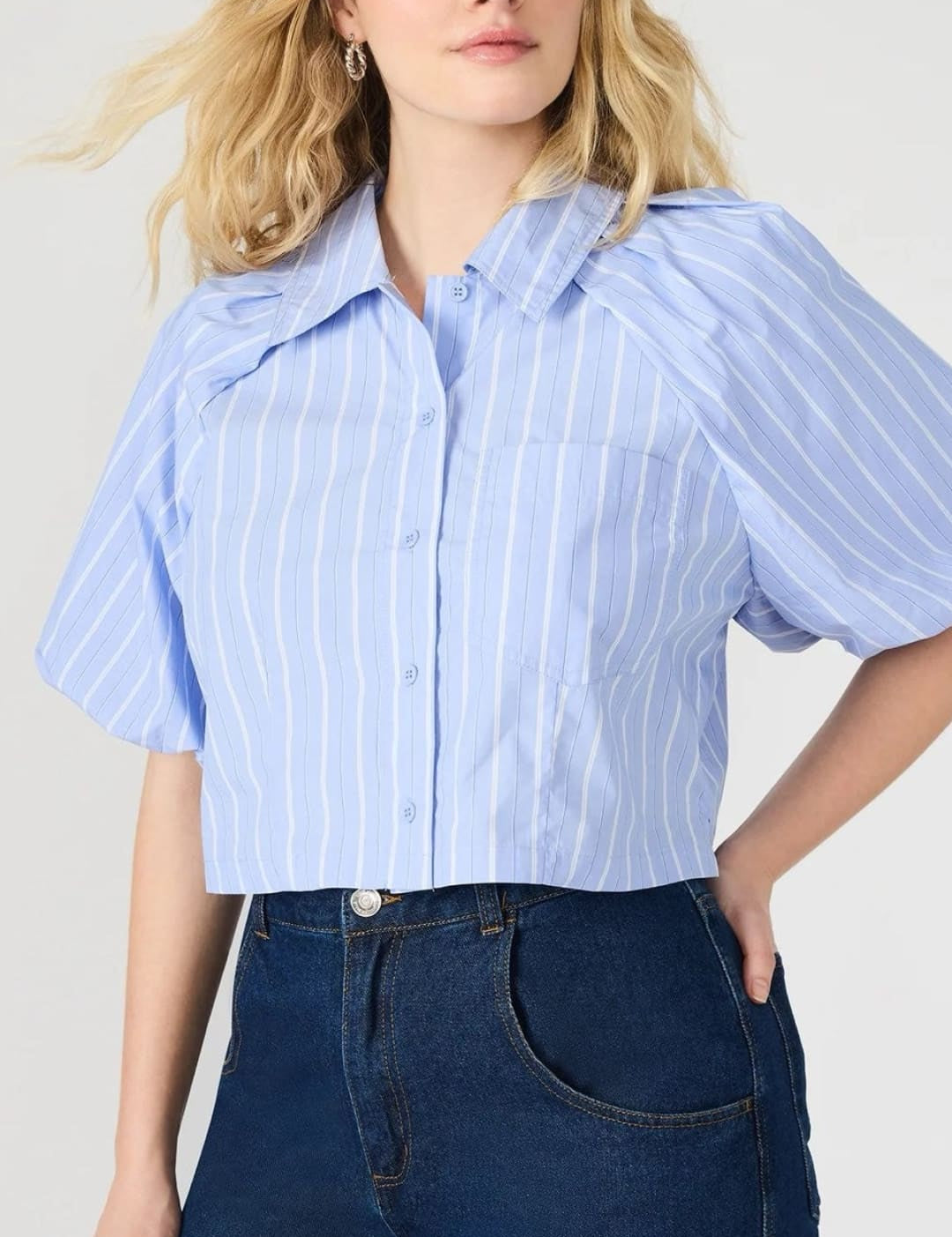 Blue and white striped cropped blouse.