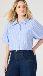 Blue and white striped cropped blouse.