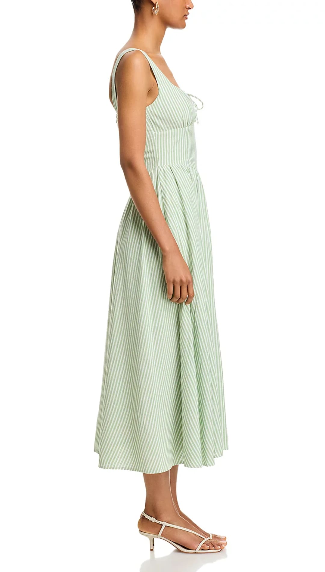 Green and white striped midi dress.